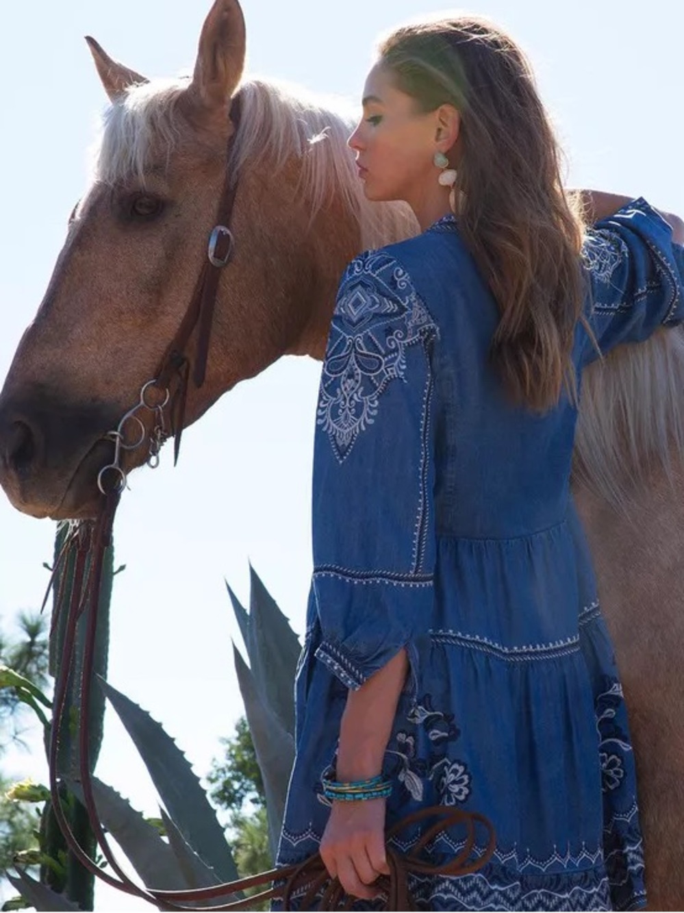 Hale Bob Embroidered Chambray Denim Mini Dress Boho Blue Medium